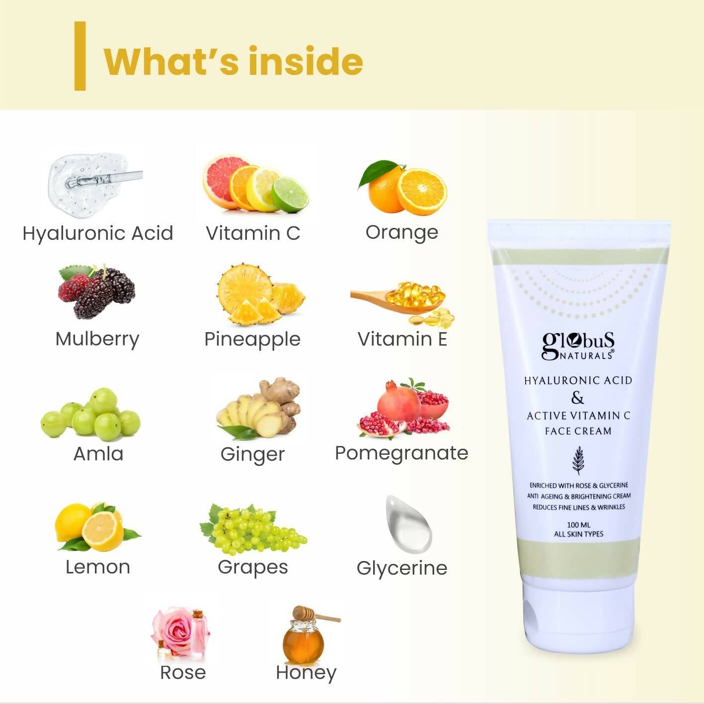 Globus Naturals Hyaluronic Acid & Vitamin C Anti Ageing Face Cream - Swadesiicart