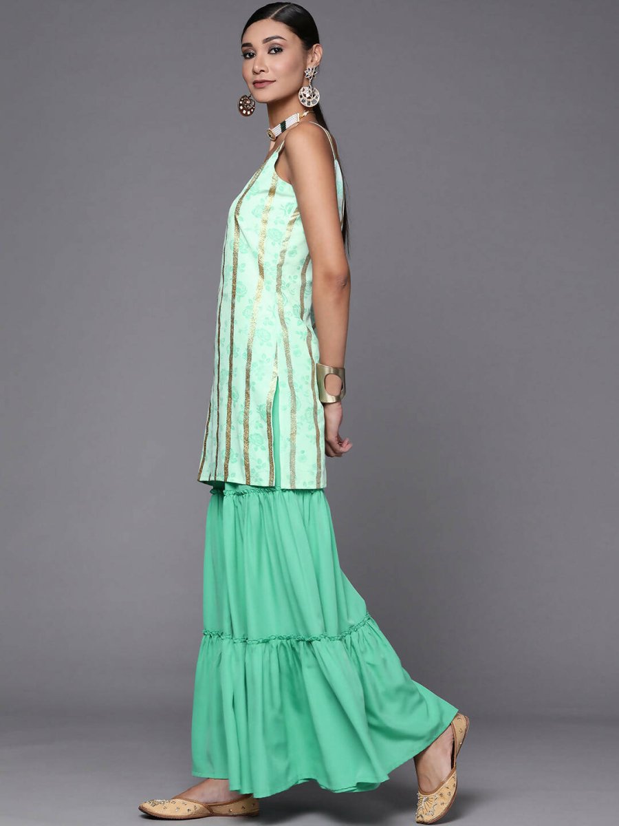 Ahalyaa Blue & Gold Floral Printed & Striped Straight Kurti with Sharara | Swadesiicart