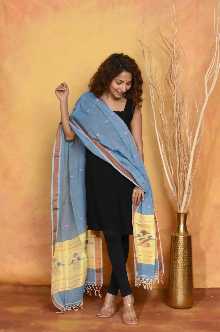 Very Much Indian Handloom Pure Cotton Paithani Dupatta - Powder Blue | Swadesiicart