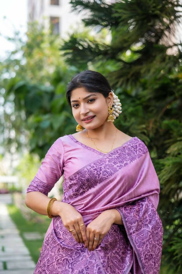 Vishnu Weaves Women's Purple Handloom Raw Silk Woven Border Saree with Unstitched Blouse - Swadesiicart