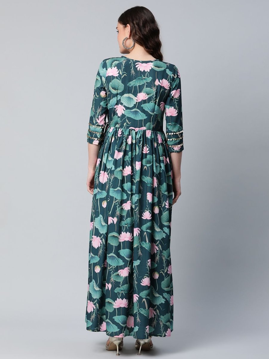 Ahalyaa Women Dark Green Crepe Digital Print Dress | Swadesiicart