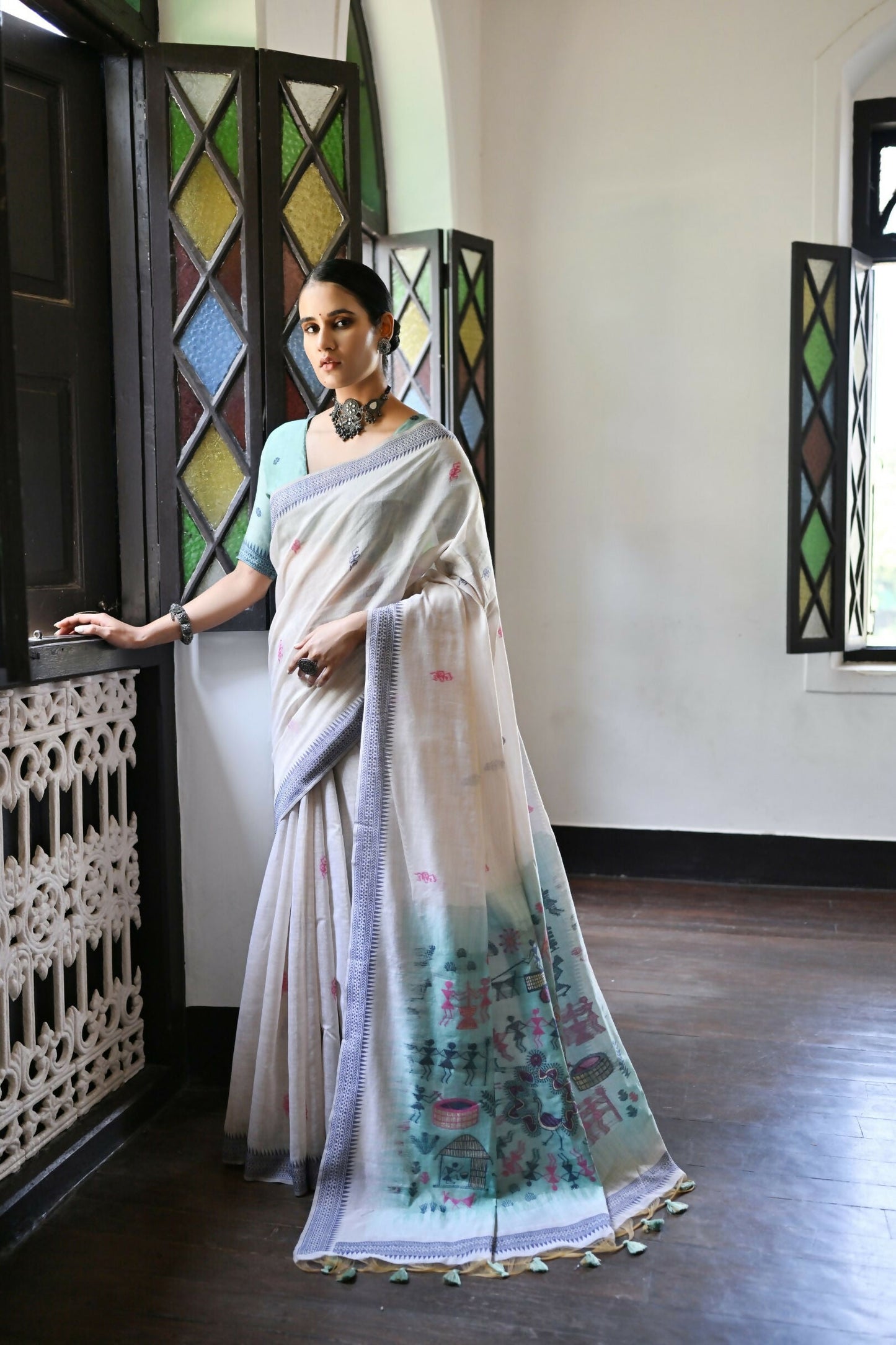 Vishnu Weaves Women's Navy-Blue Muga Cotton Saree with Blouse - Swadesiicart