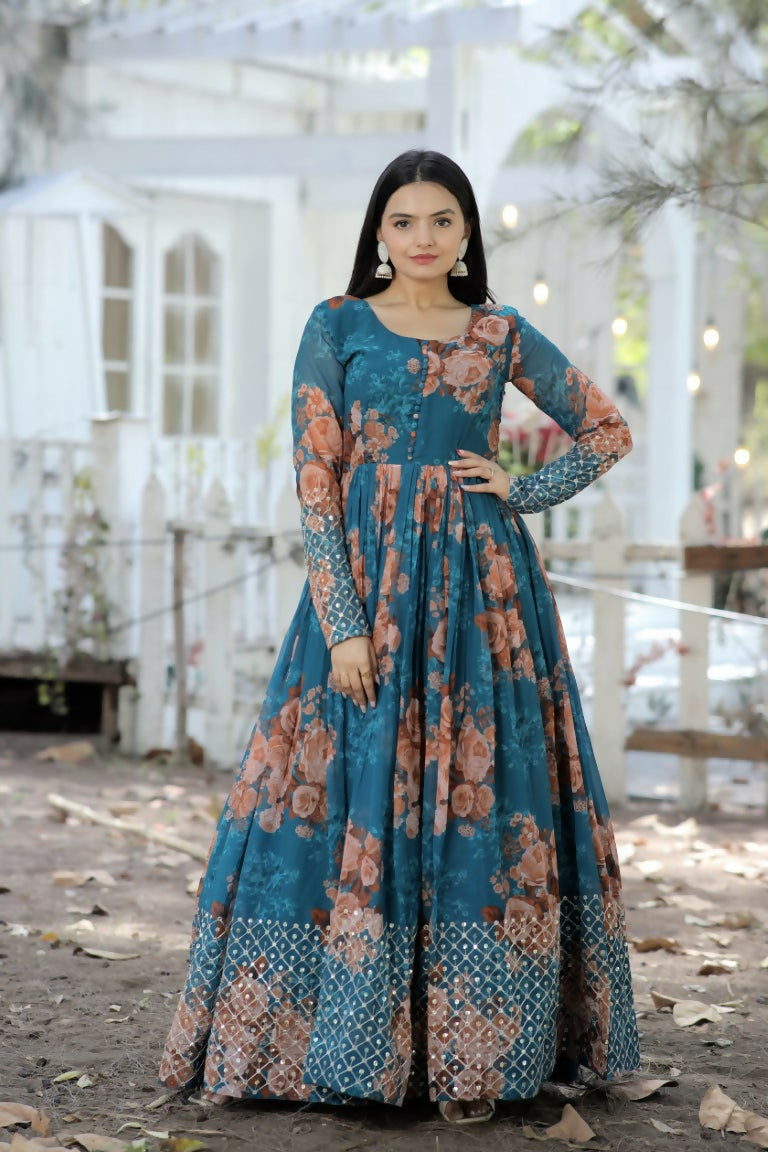 Jyoti Fashion Women's Teal Sequence Zari Embroidered Faux Georgette Anarkali Dress | Swadesiicart