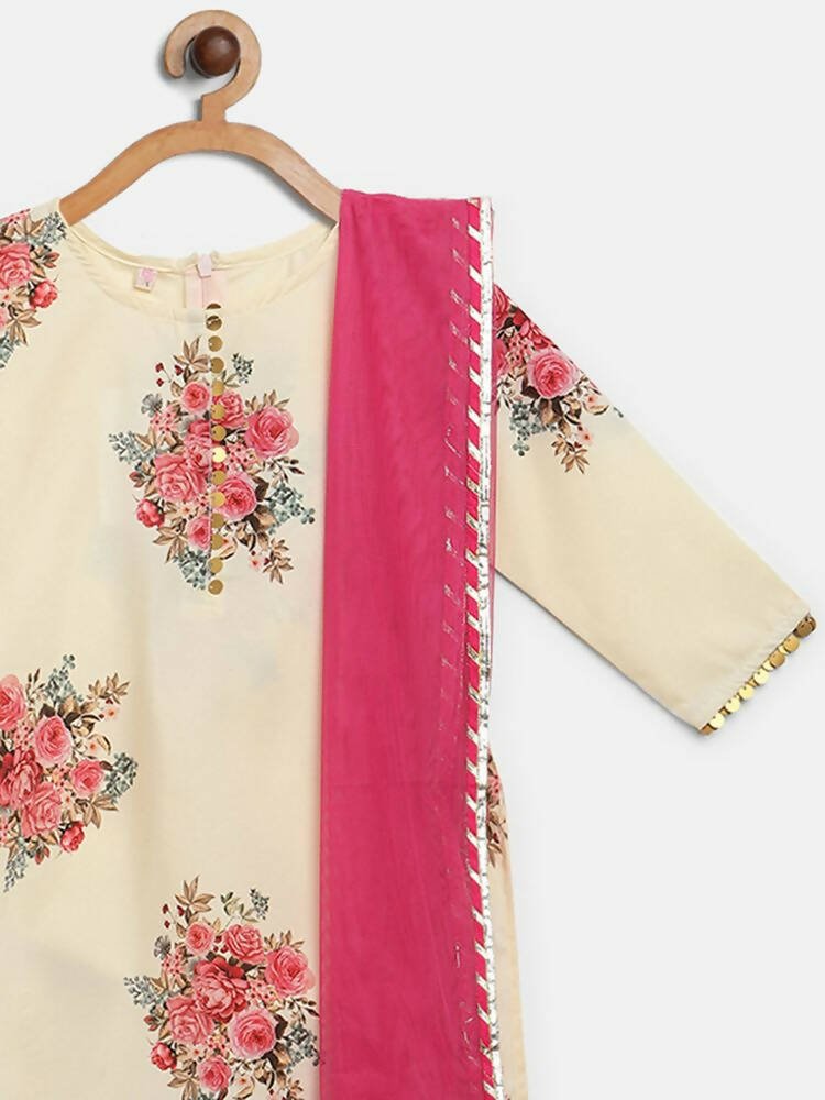 Ahalyaa Beige Crepe Floral Printed Kids Kurta Palazzo Set With Dupatta For Girls | Swadesiicart