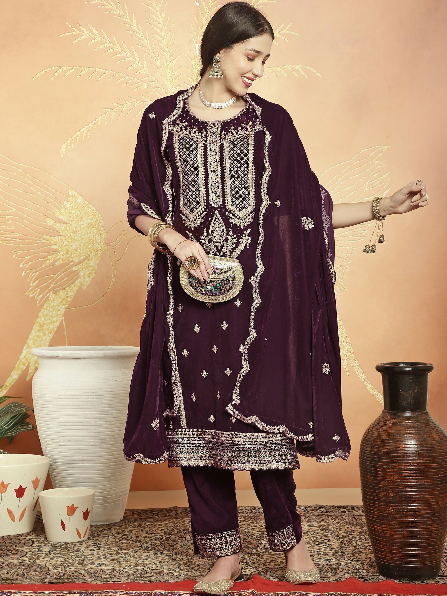Jyoti Fashion Women's Wine Velvet Cording with Resham Thread & Sequin Kurta with Trouser & Dupatta | Swadesiicart