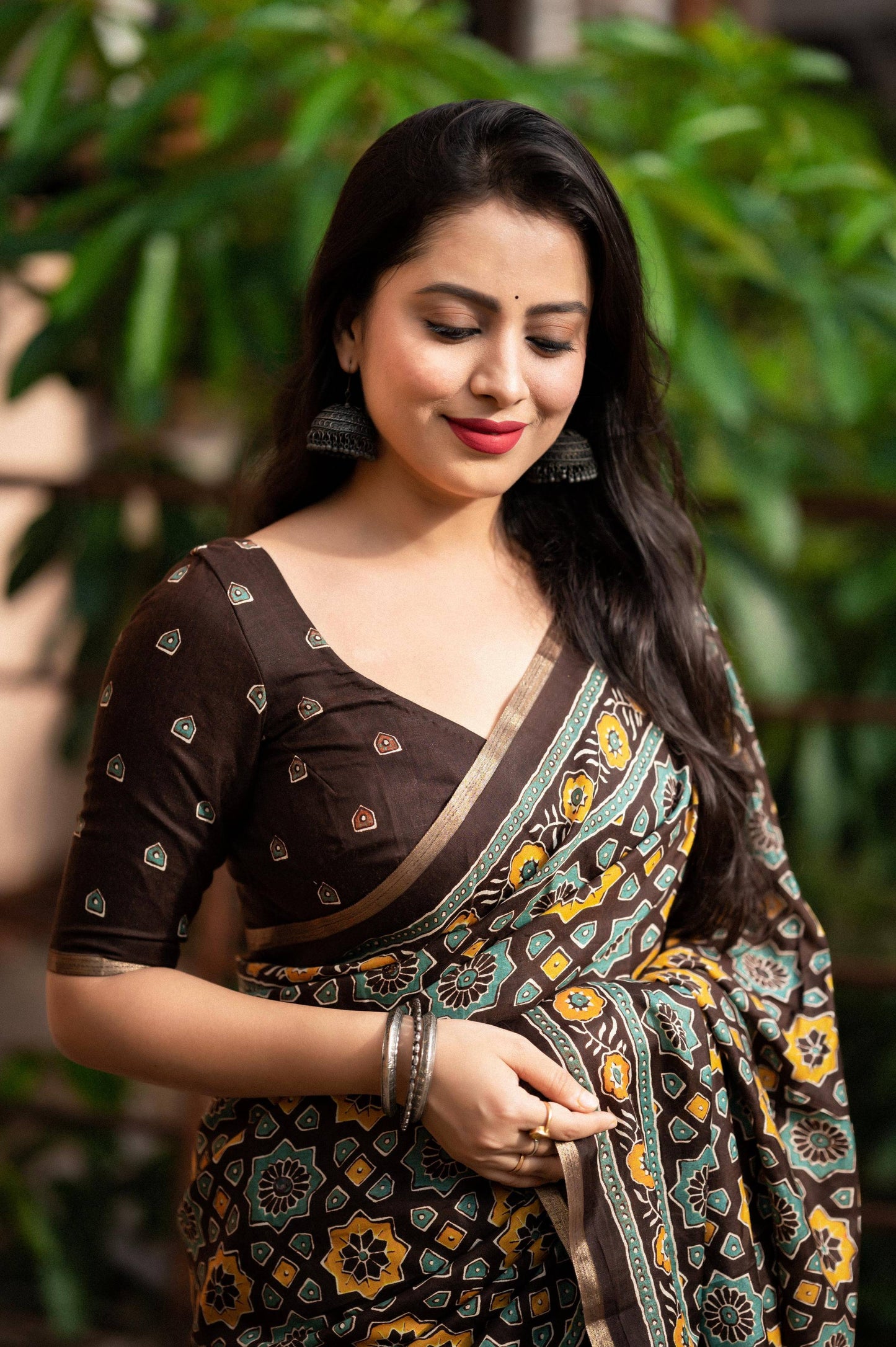 Coffee Cotton Blend Ajrak Saree with Unstitched Blouse - Hiral Fashion | Swadesiicart