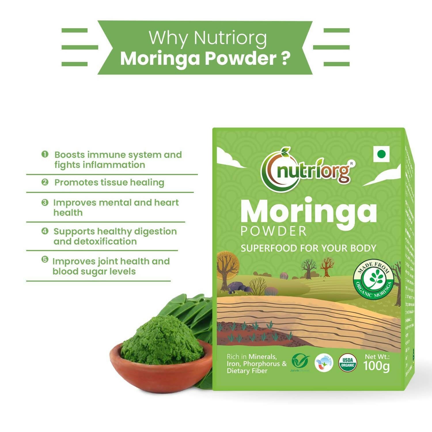 Nutriorg Certified Organic Moringa Powder - Swadesiicart