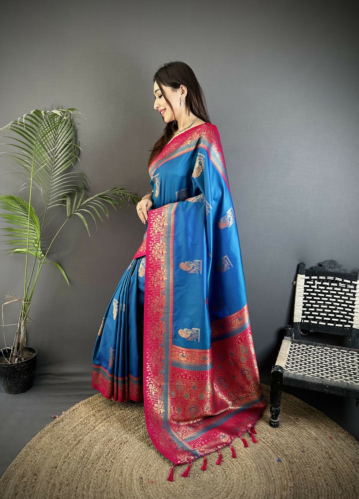 Joban Fashion Royal Blue Banarasi Soft Silk Peacock Butta Work Saree | Swadesiicart