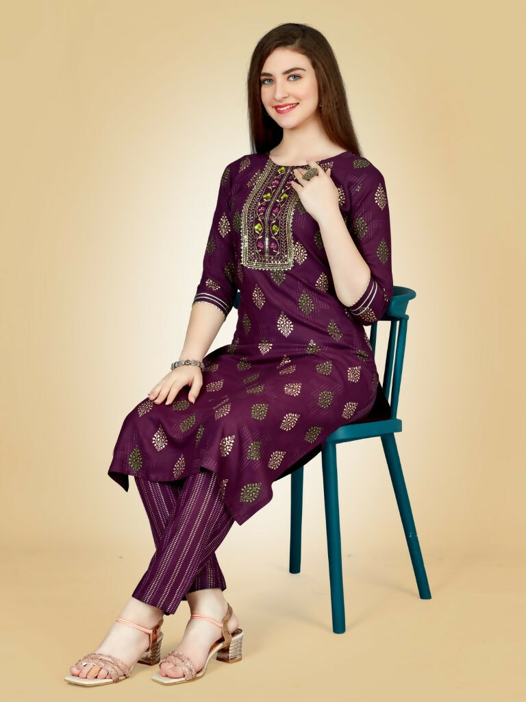 Jyoti Fashion Women's Wine Viscose Rayon Embroidered Kurta Pant Set | Swadesiicart