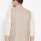 Even Apparels Cream Linen Men's Nehru Jacket-Contrast Lining-Inbuilt Pocket Square | Swadesiicart