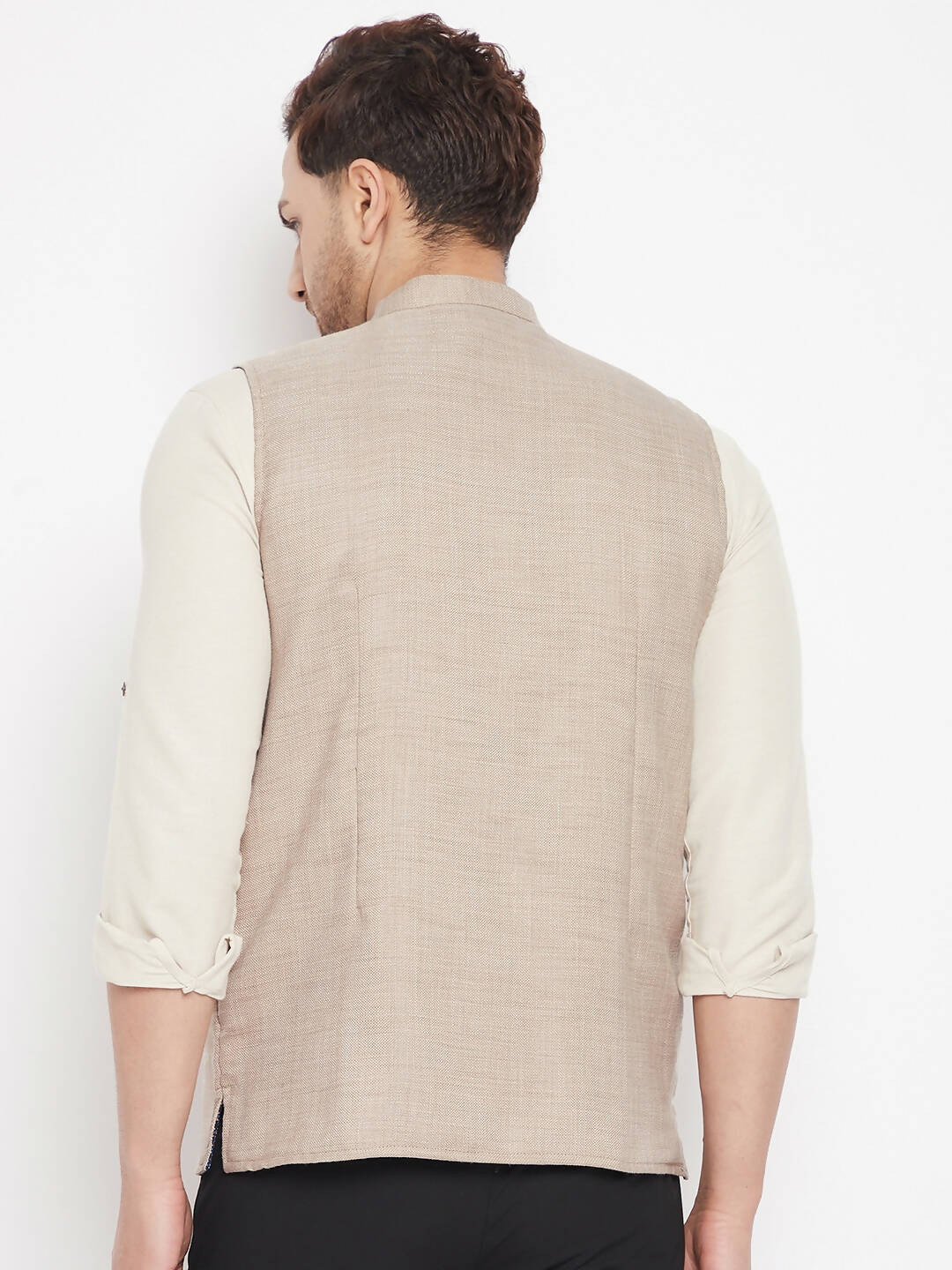 Even Apparels Cream Linen Men's Nehru Jacket-Contrast Lining-Inbuilt Pocket Square | Swadesiicart