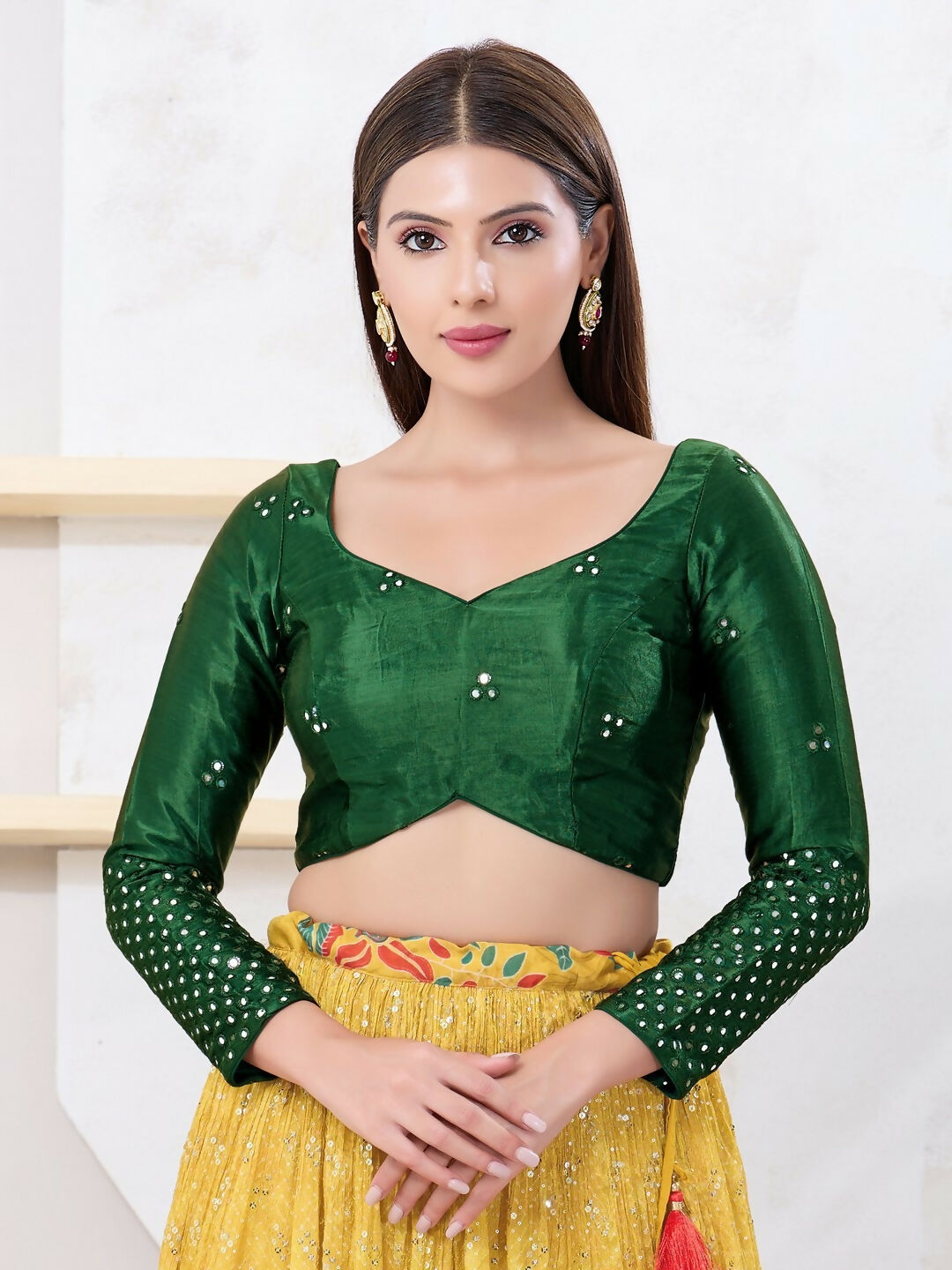 Joban Fashion Bottle-Green Gajji Silk Elbow Sleeveless Back Open Blouse - Swadesiicart