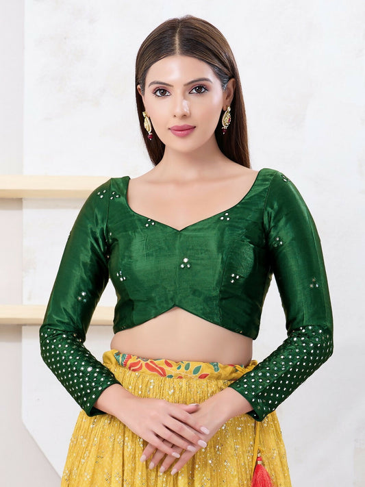 Joban Fashion Bottle-Green Gajji Silk Elbow Sleeveless Back Open Blouse - Swadesiicart