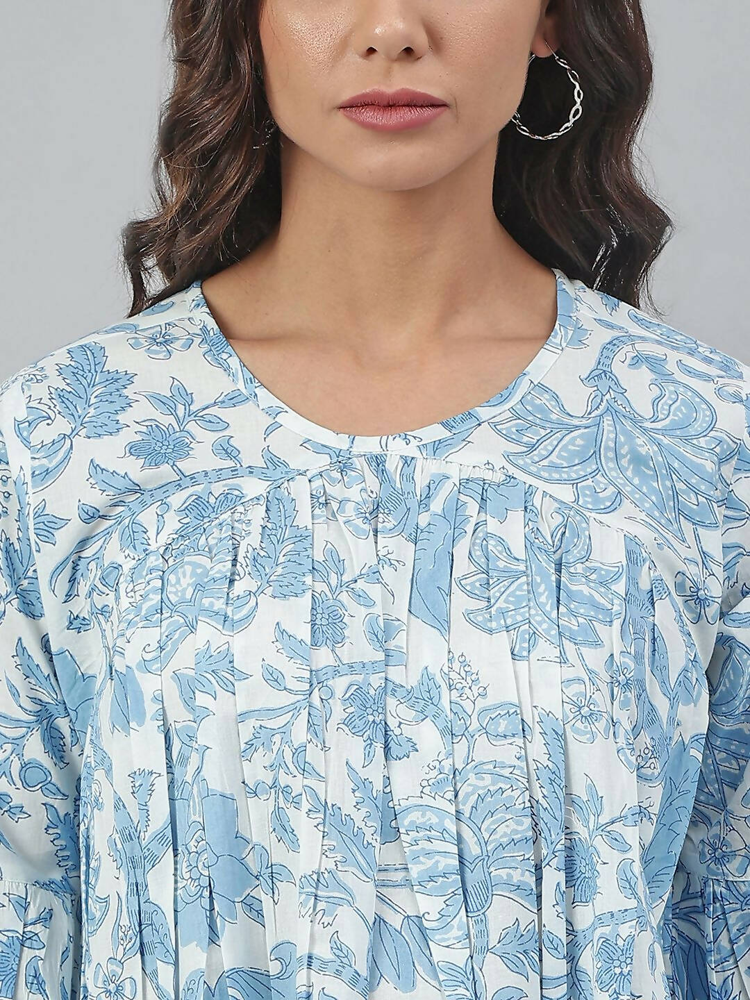 Janasya Women's White Cotton Floral Print Tiered Top | Swadesiicart