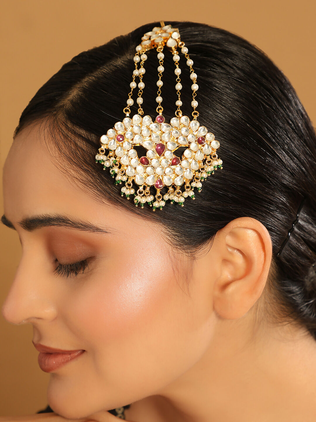 Nuyug 22K Gold-Plated Kundan & Red Stone Studded Jhumar Paasa Head Jewellery | Swadesiicart