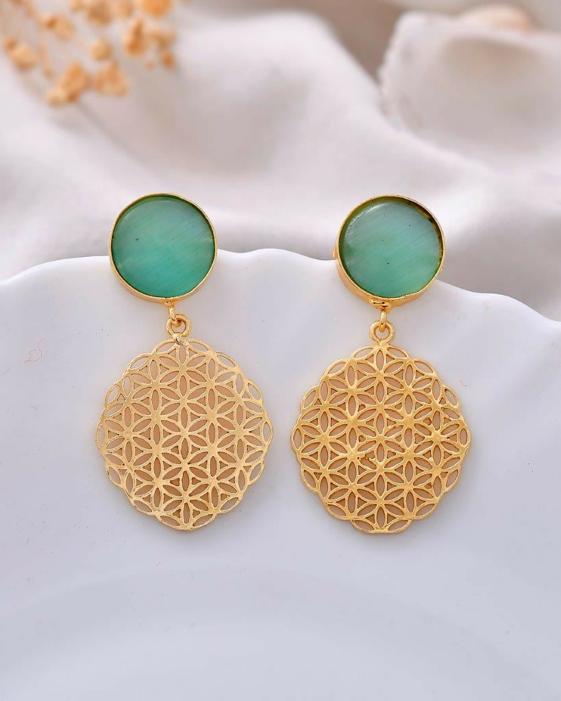 VOJ One Gram Gold-Polished Teal Colored Stone Studded Earrings - VOJ (Valley Of Jewellery)