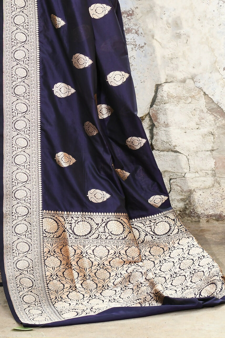 Joban Fashion Navy Blue Pure Katan Pure Handloom Banarasi Silk Saree | Swadesiicart
