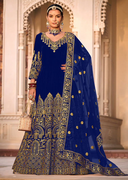 Blue Velvet Front & Back Embroidery Wedding Anarkali Suit - Emponline | Swadesiicart