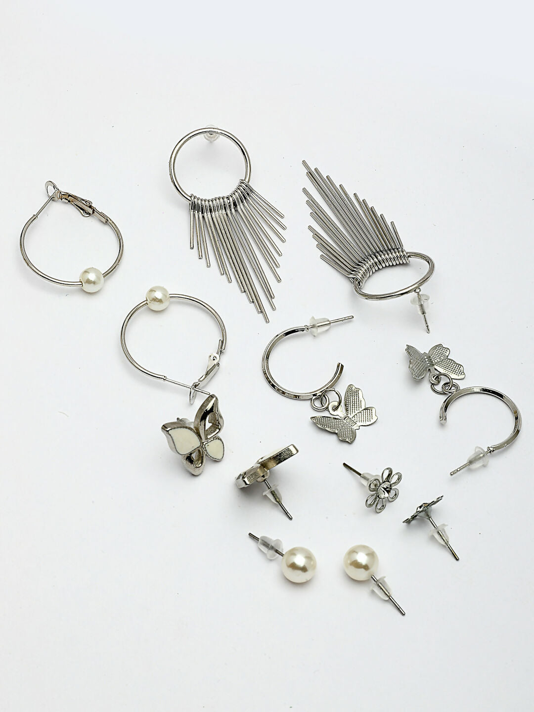 NVR Women's Set of 6 Silver-Plated Contemporary Drop Earrings | Swadesiicart