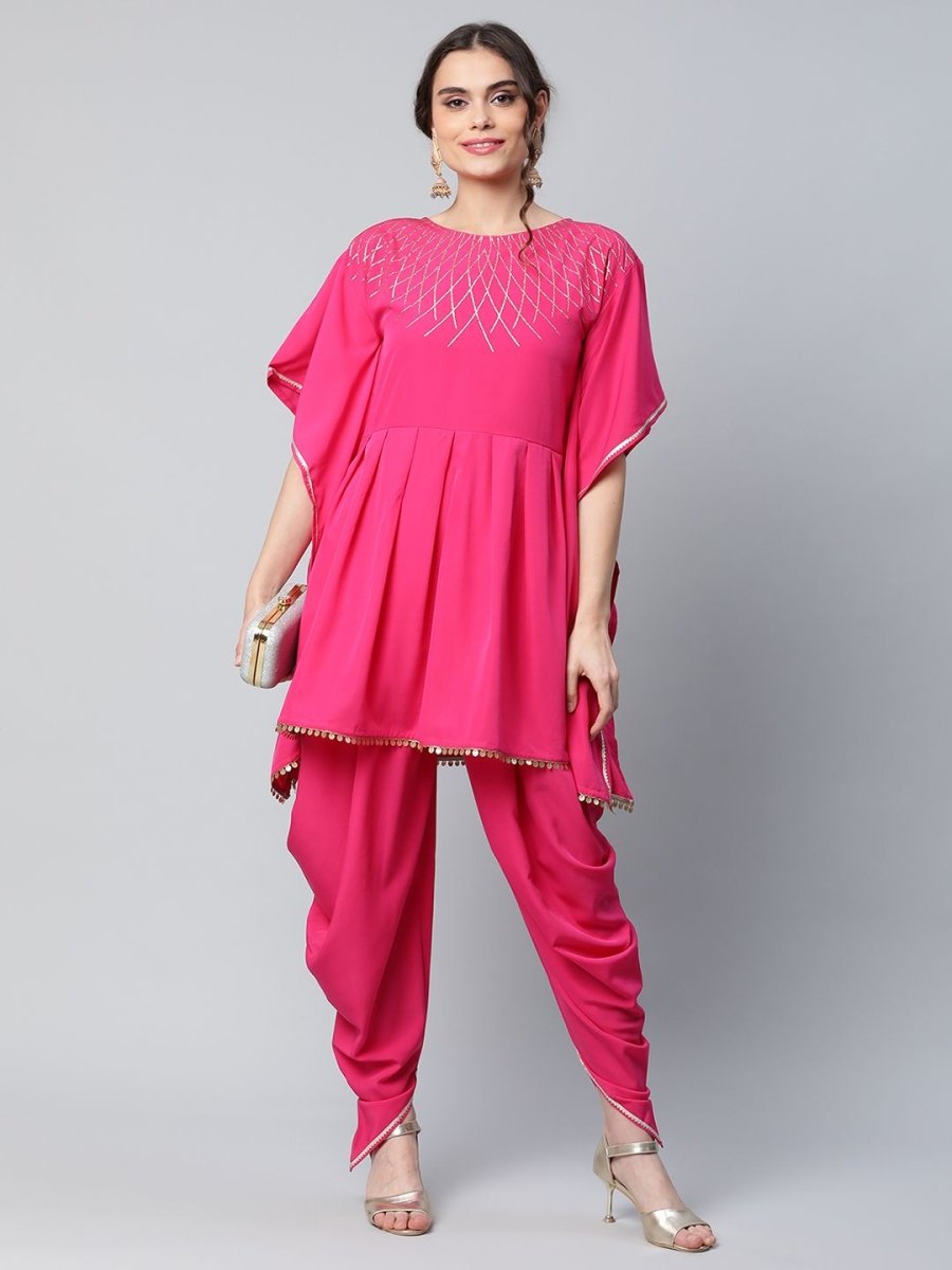 Ahalyaa Women Pink Crepe Glitter Printed Kurta with Dhoti Pants | Swadesiicart