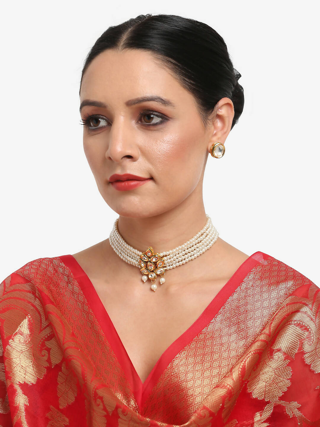 Gold-Polished White Pearl Kundan Choker With Studs - Ruby Raang | Swadesiicart