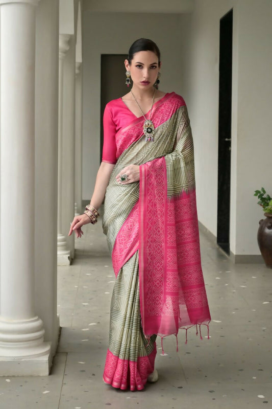 Vishnu Weaves Women's Pink Soft Tussar Silk Printed Saree with Blouse - Swadesiicart