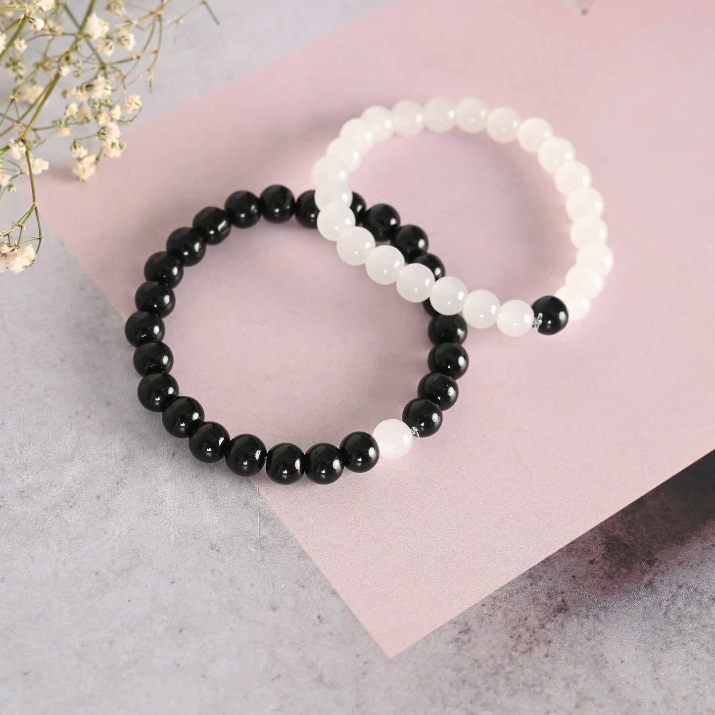 NVR Men & Women White & Black Marbel Crystal Elasticated Bracelet - Swadesiicart