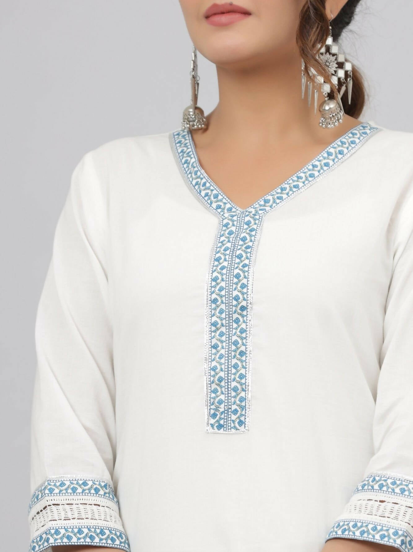 Juniper Women's White Cotton Cambric Solid Kurta Floral Printed Pant & Dupatta Set | Swadesiicart