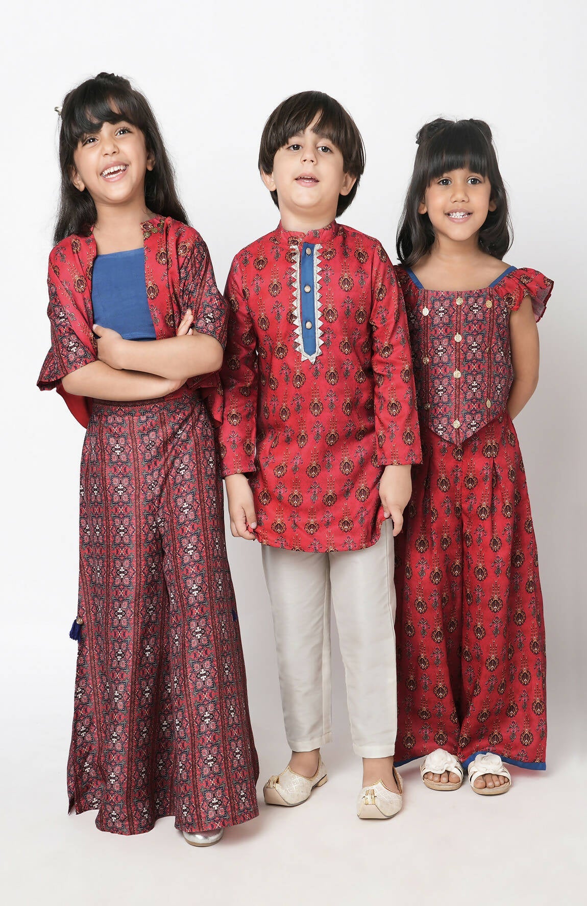 Lil Drama Ethnic Twist Girls Red Print Box Pleat Pant With Top Co-Ordinate Set - Swadesiicart