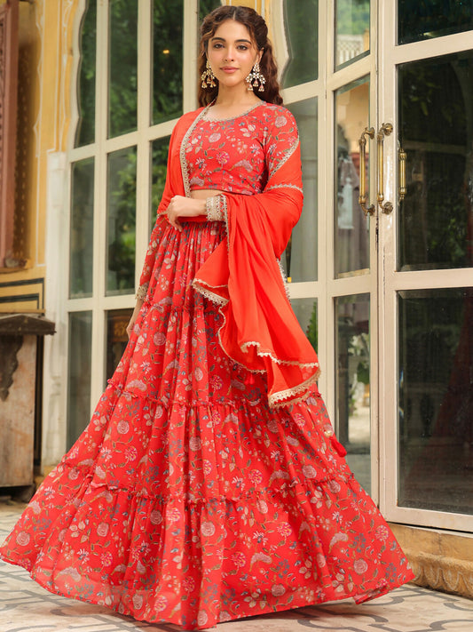 Janasya Red Georgette Floral Lehenga Choli Dupatta | Swadesiicart