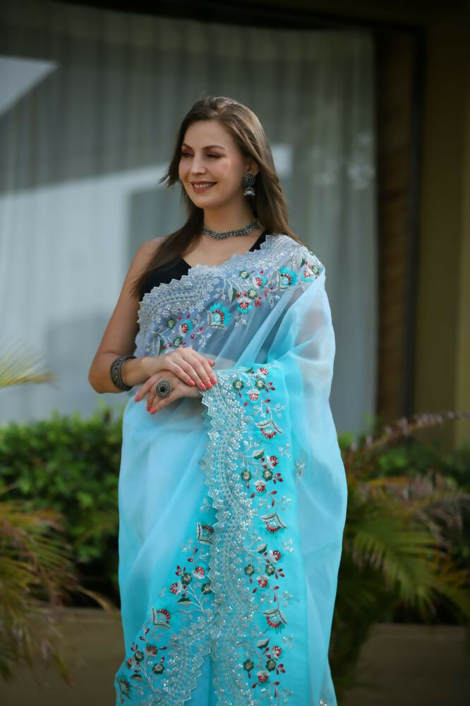 Vamsee Sanyogita Sanyogita - Sky Organza Saree - Swadesiicart
