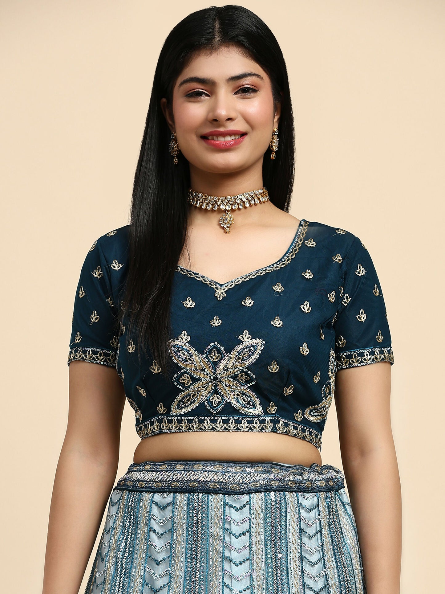 Blue Fancy Net Sequence Embroidered Lehenga Choli with Dupatta - Dhara | Swadesiicart