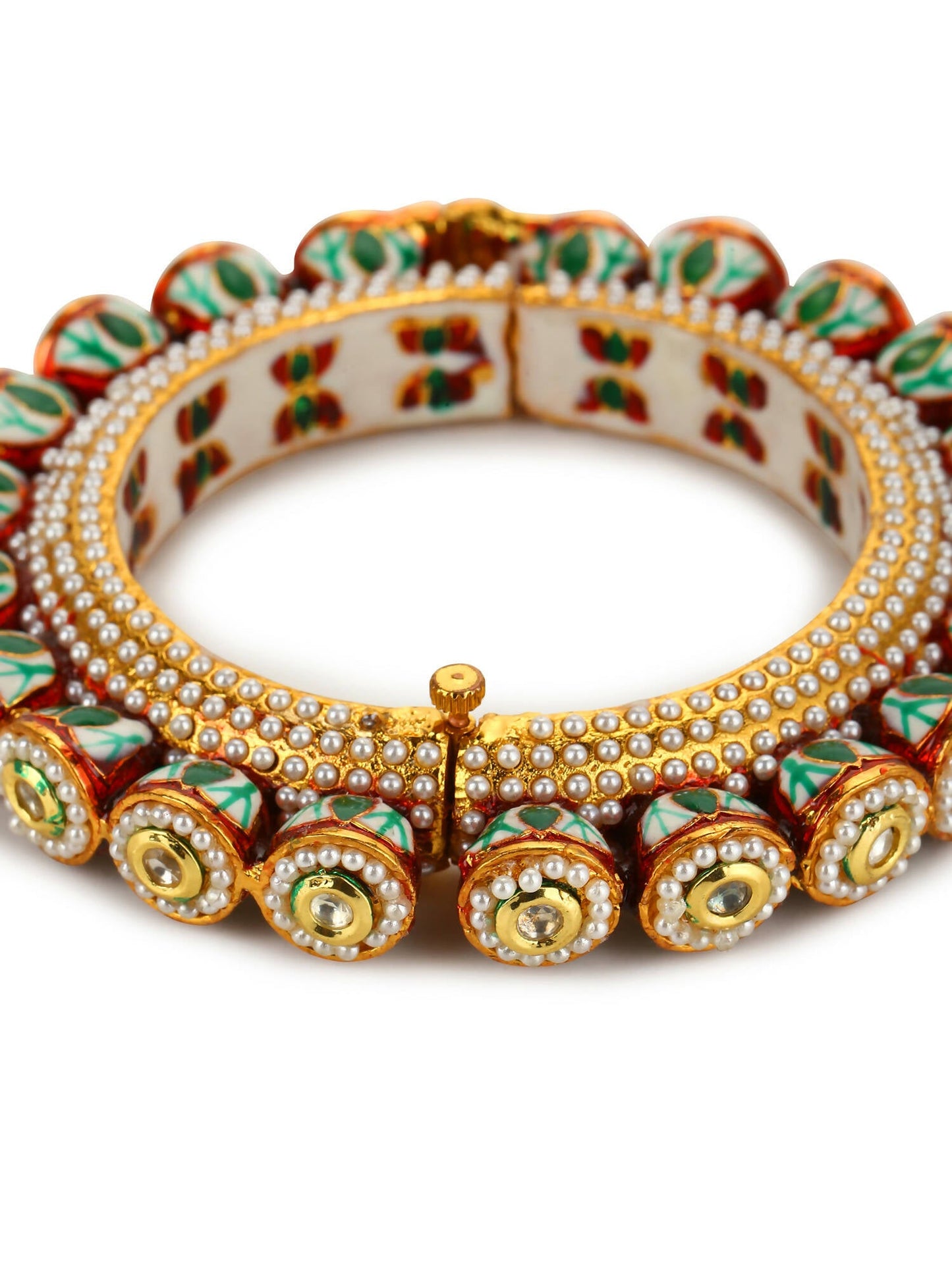 Gold-Polished Green Kundan-Studded Bangle - Ruby Raang - Swadesiicart