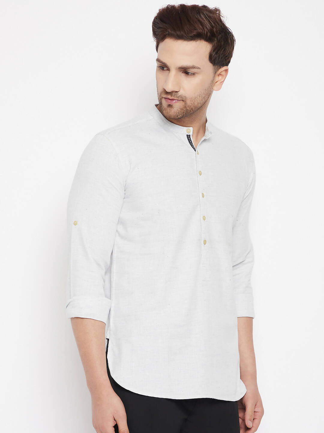 Even Apparels Cream Acrylic Short Men's Kurta With Band Collar | Swadesiicart