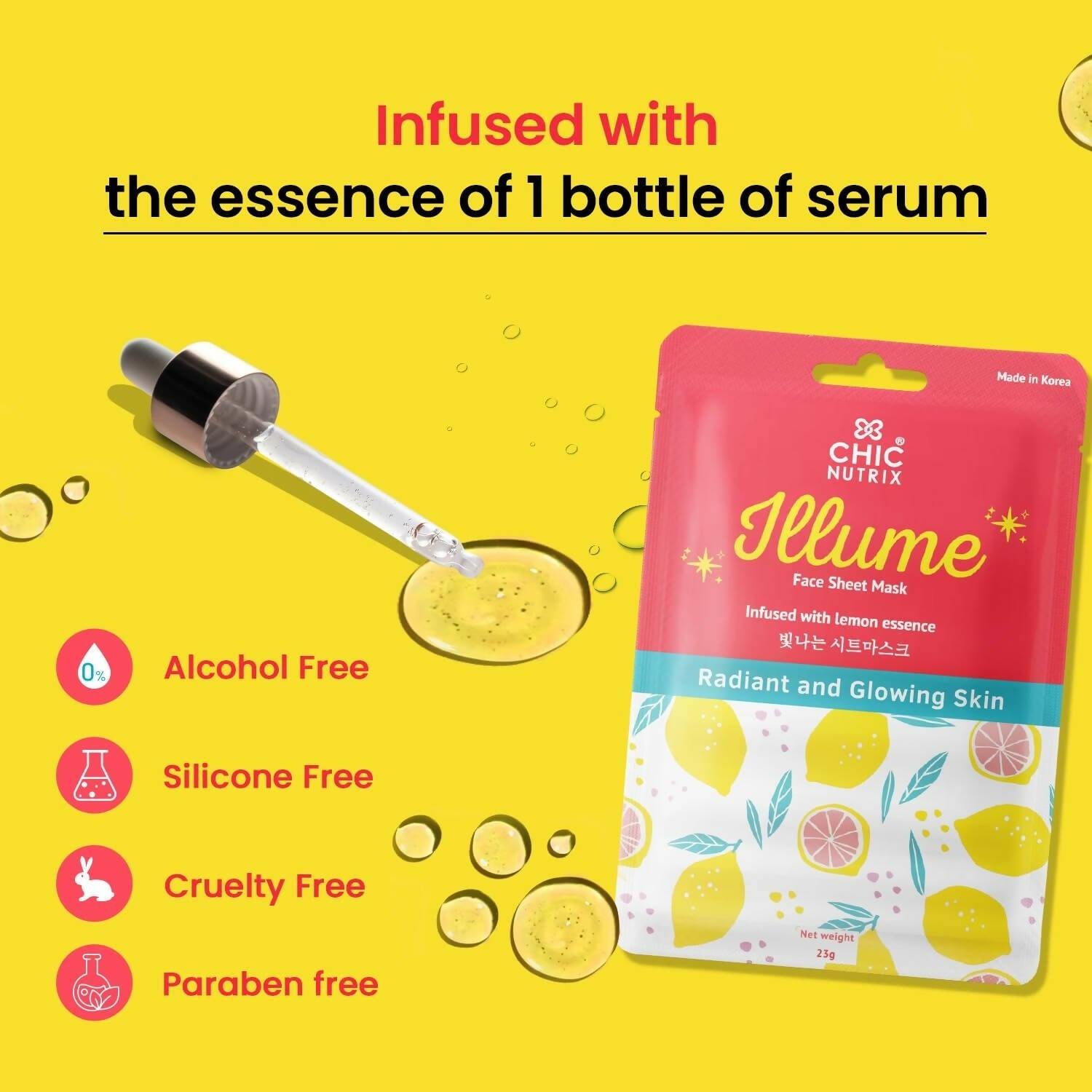 Chicnutrix Korean Illume Face Sheet Mask Infused With Lemon Essence Rich In Vitamin C Radiant and Glowing Skin, Korean Skincare - Swadesiicart