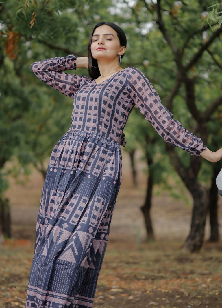 Jyoti Fashion Women's Navy Blue Heavy Digital Printed Pure Chanderi Anarkali Dress | Swadesiicart