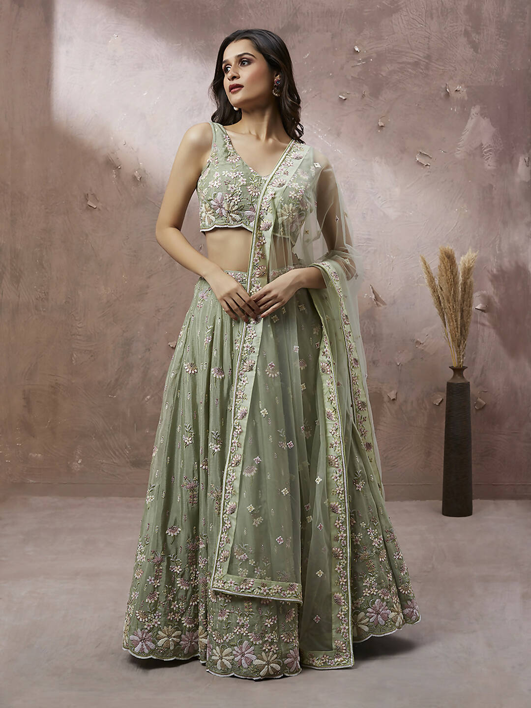 House of Panchhi Lime Green Pure Georgette Sequins with heavy Zarkan embroidery Lehenga choli & Dupatta | Swadesiicart