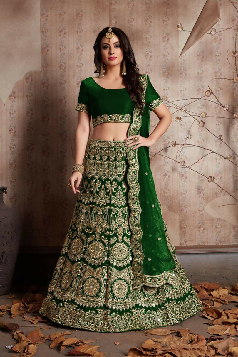 Jyoti Fashion Mesmerizing Green Sequins Embroidered Velvet Lehenga Choli with Dupatta | Swadesiicart