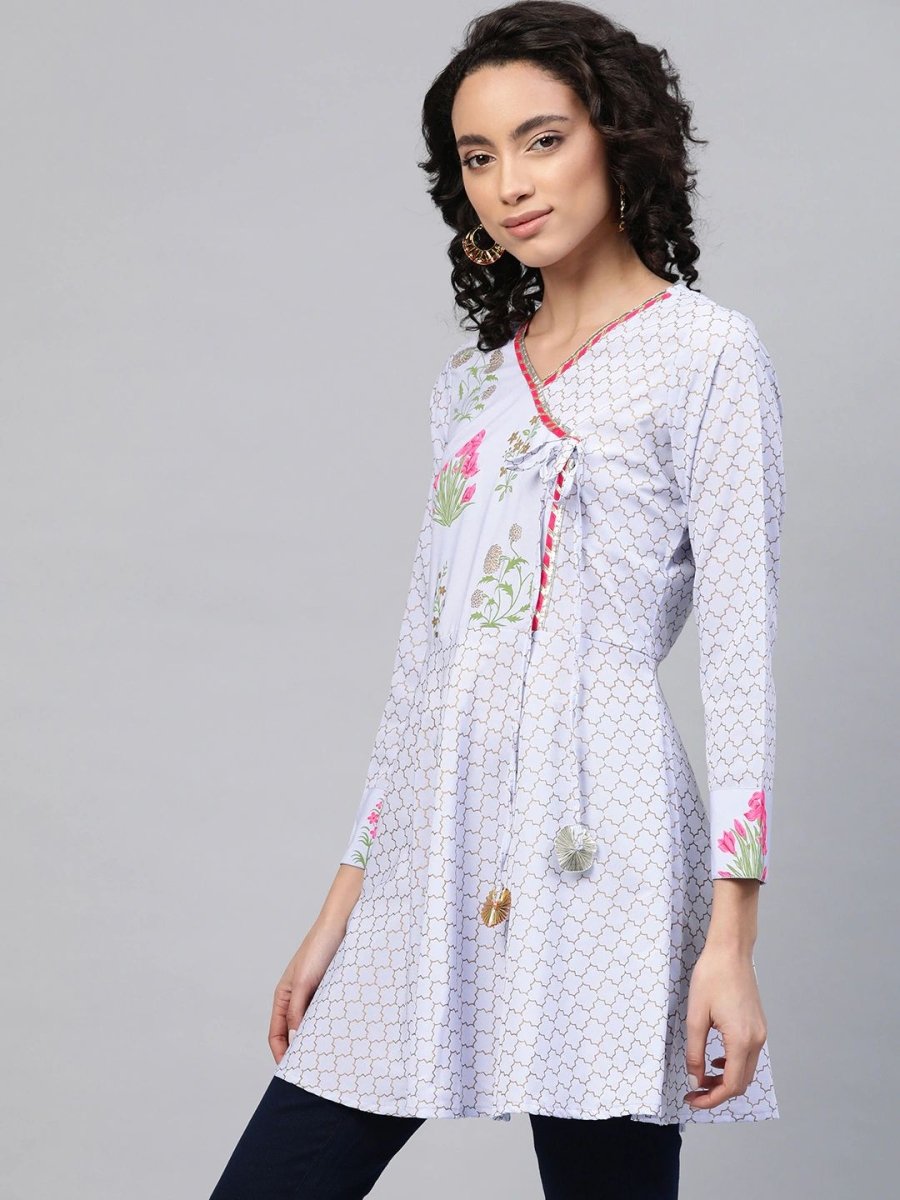 Ahalyaa Women Blue Crepe Pink & Gold Ethnic Print Angrakha Tunic | Swadesiicart