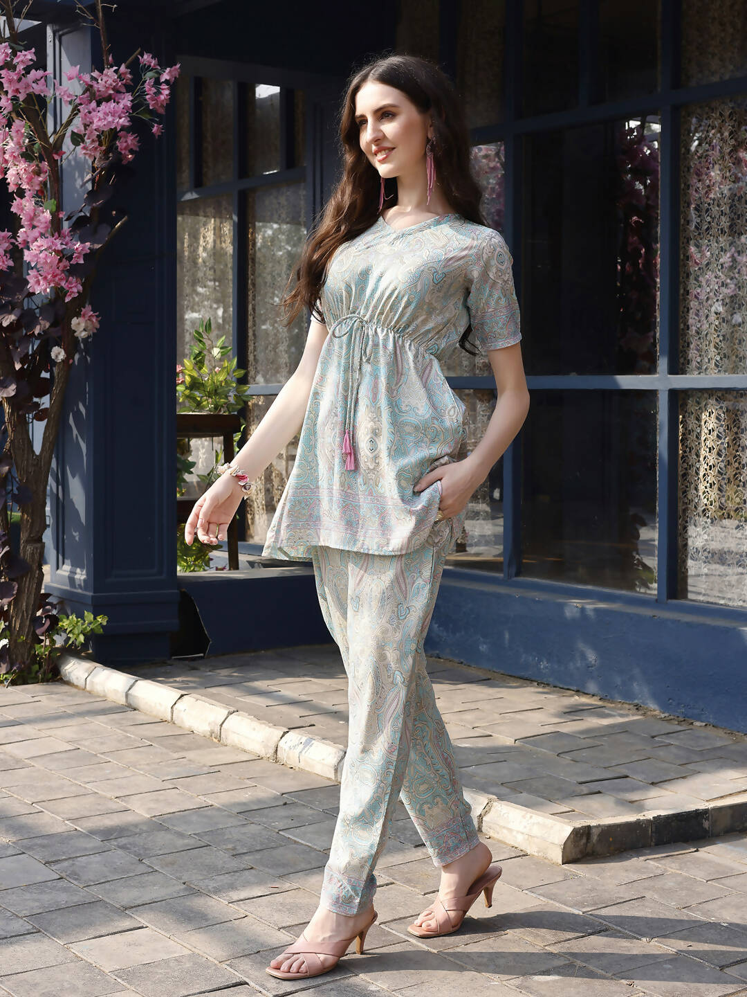 Sky Blue Rayon Paisley & Floral Printed Top with Matching Bottom - Eesha - Swadesiicart