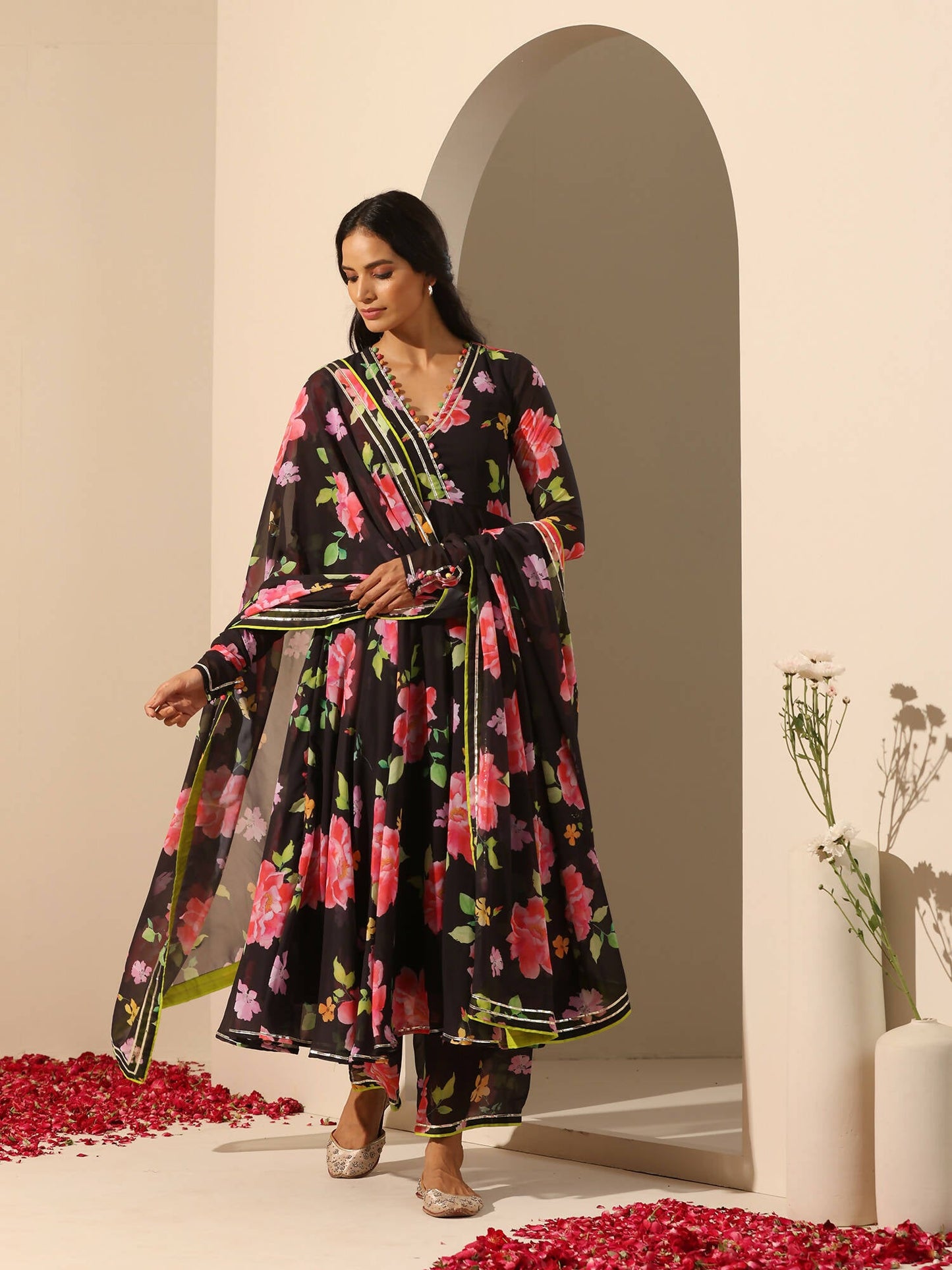 Pomcha Jaipur Black Gul Gulabi Phool Anarkali Set | Swadesiicart