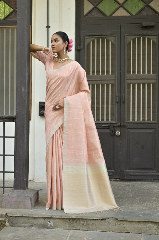Vishnu Weaves Women's Peach Premium Tussar Silk Saree with Blouse - Swadesiicart