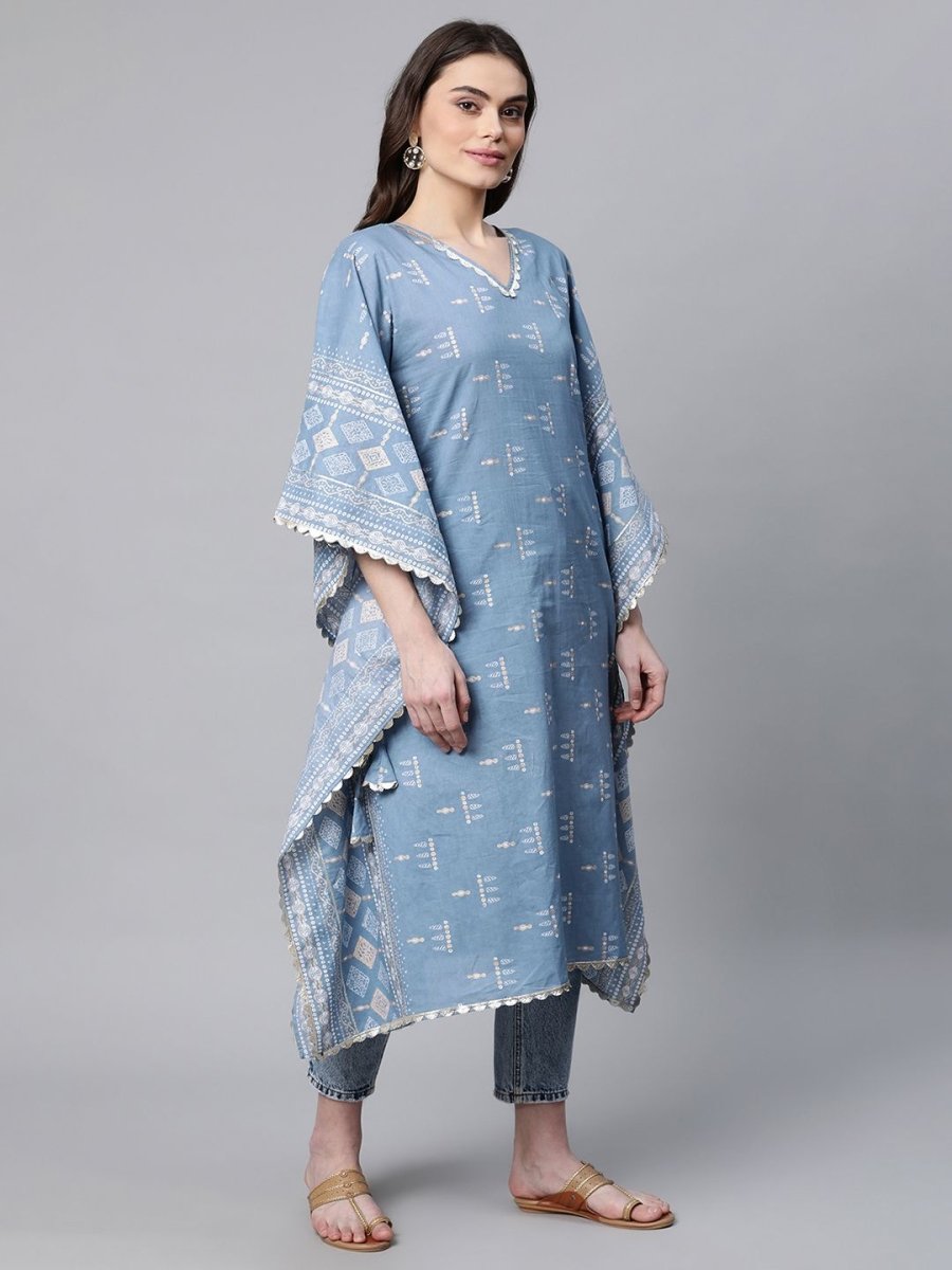 Ahalyaa Beige Pure Cotton Floral Printed Kaftan Kurta | Swadesiicart