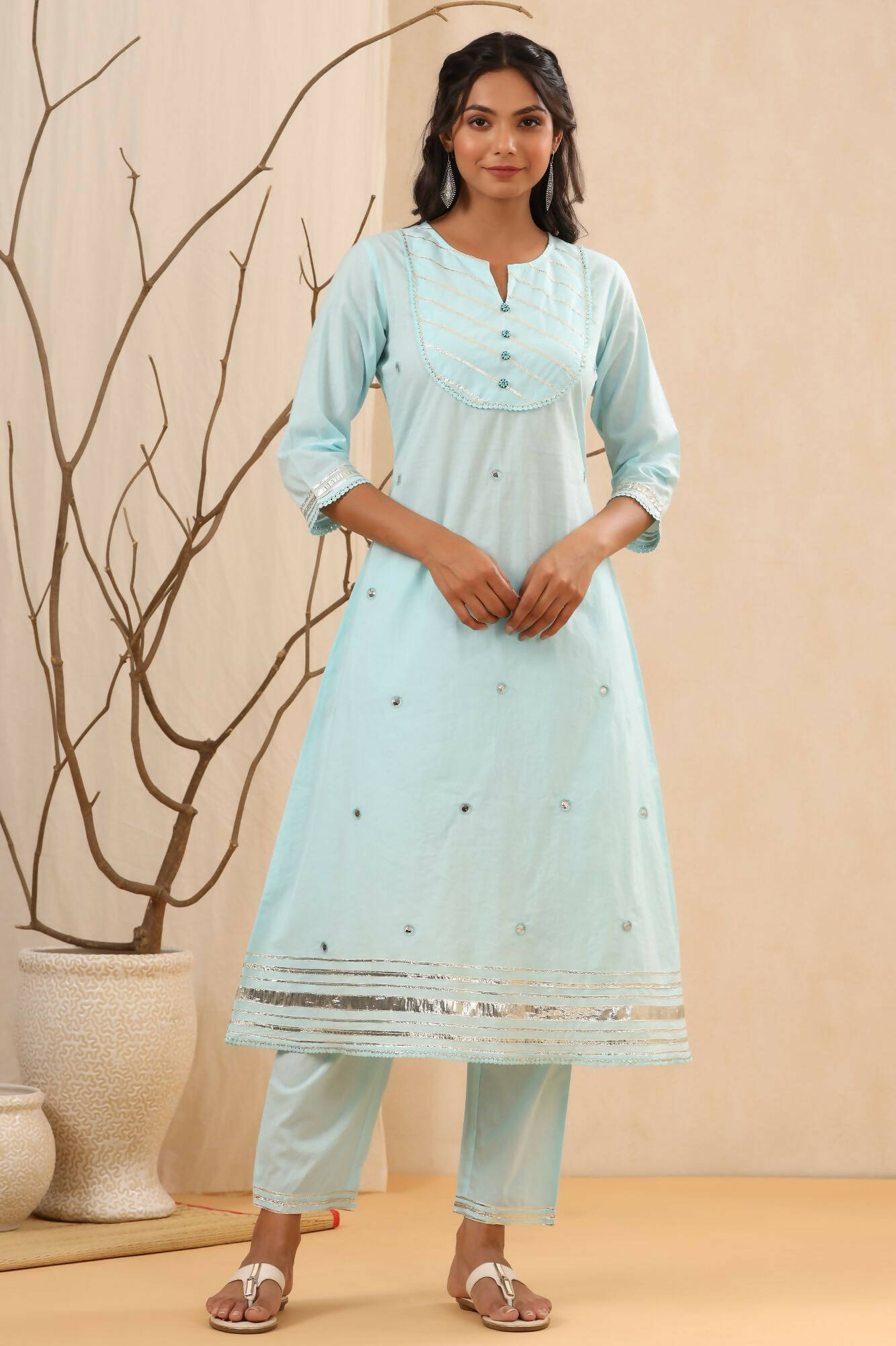 Juniper Women Skyblue Cambric Gotta Work Straight Kurta Sets - Swadesiicart