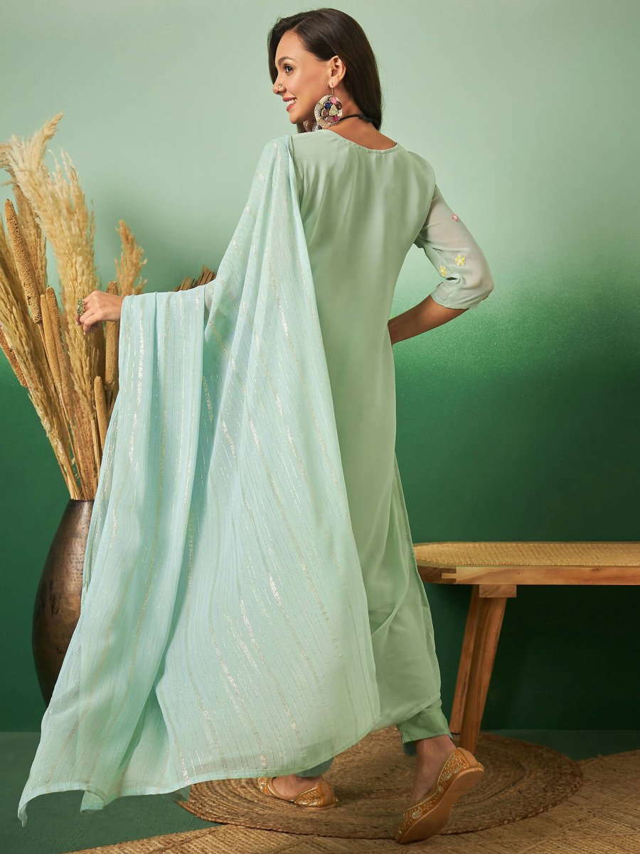 Aqua Blue Georgette Handwork Unstitched Dress Material - Hanika | Swadesiicart