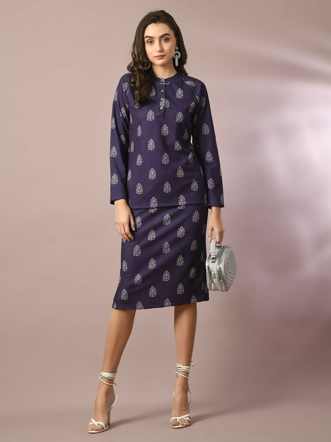 Myshka Women's Navy Blue Printed Round Neck Party Top With Skirt Co-ord set - Swadesiicart