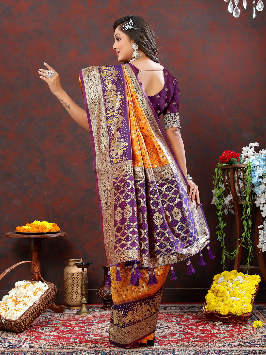 Lorenvalley Fashion Orange & Wine Patola Silk Woven Design Meenakari Weaving Saree - Swadesiicart