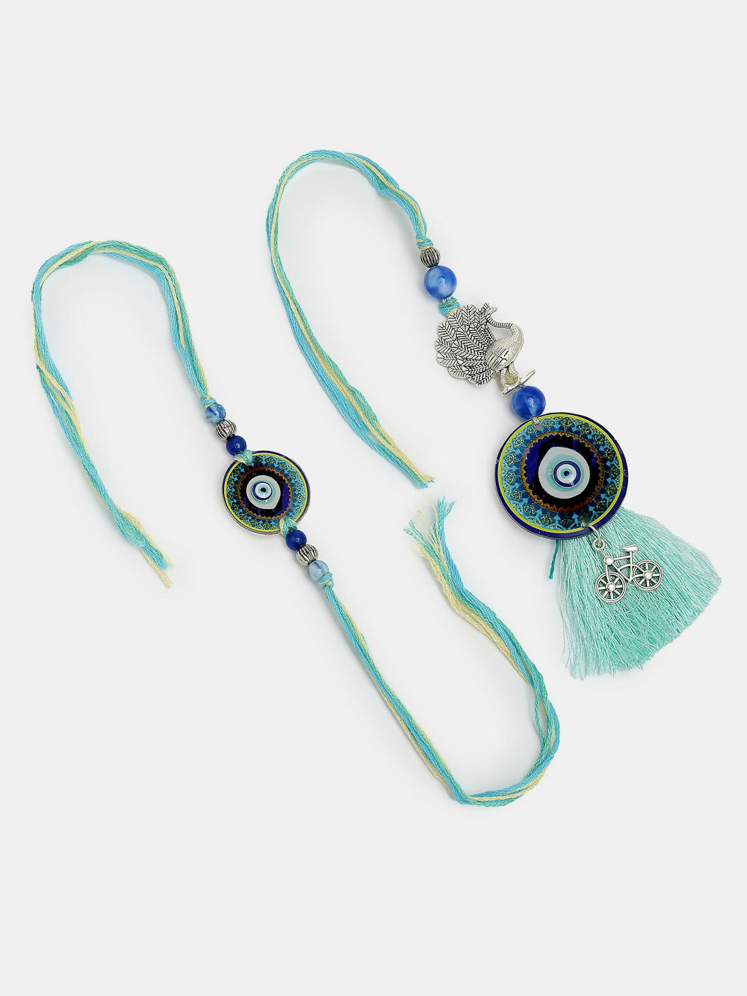NVR Women & Men Set of 2 Blue Evil Eye & Beaded Bhaiya Bhabi Rakhi With Roli Chawal | Swadesiicart