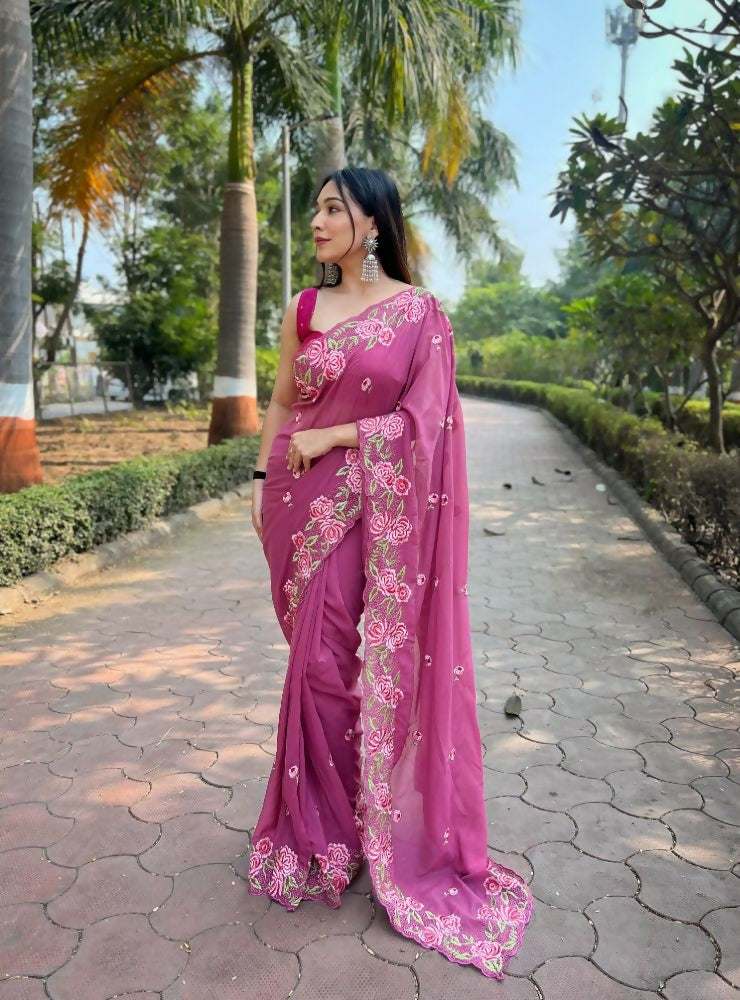 Vamsee Nimrat Pink Organza Silk Saree - Swadesiicart
