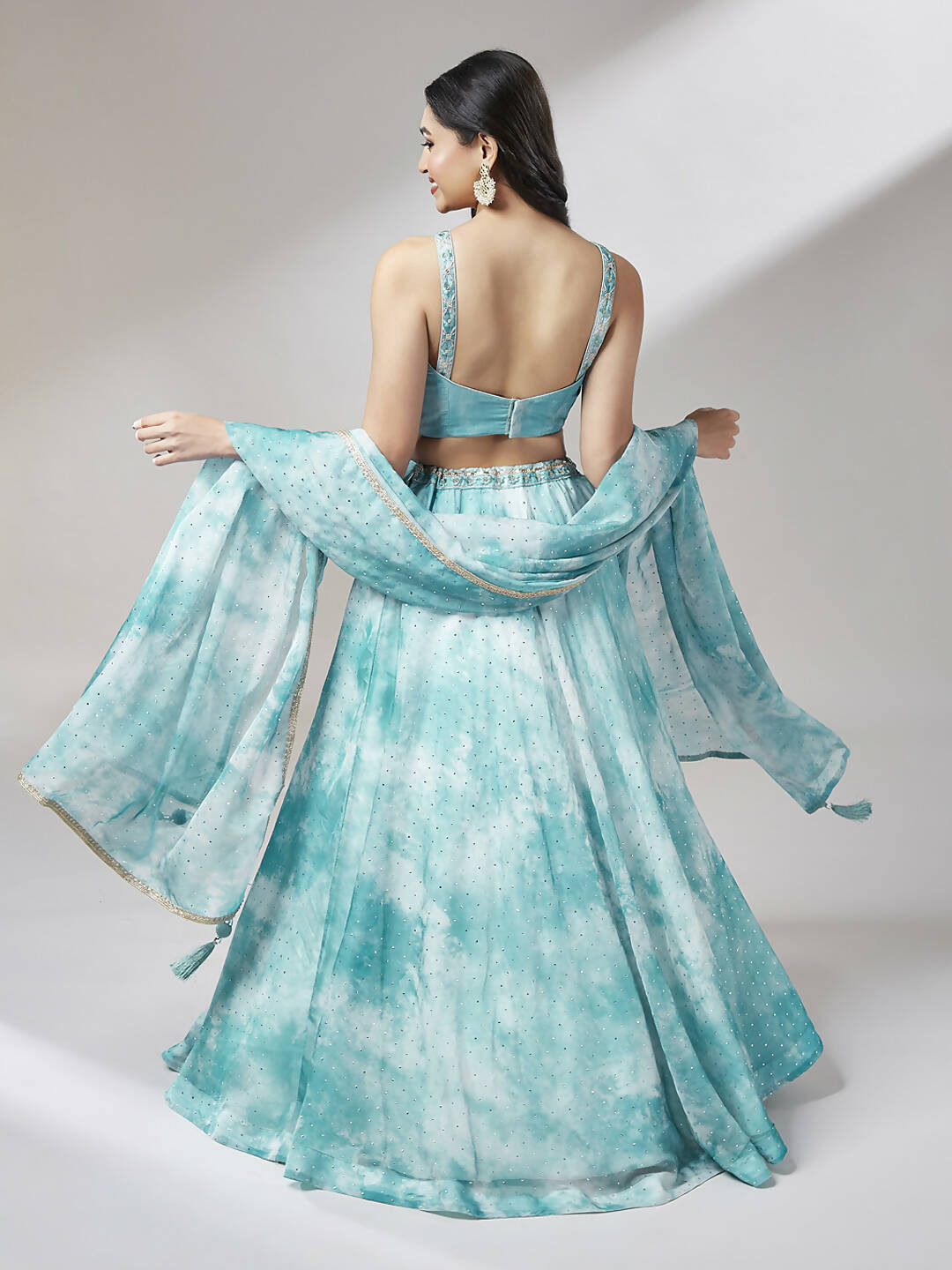 House of Panchhi Turquoise Blue Organza Floral Printed Lehenga choli & Dupatta | Swadesiicart